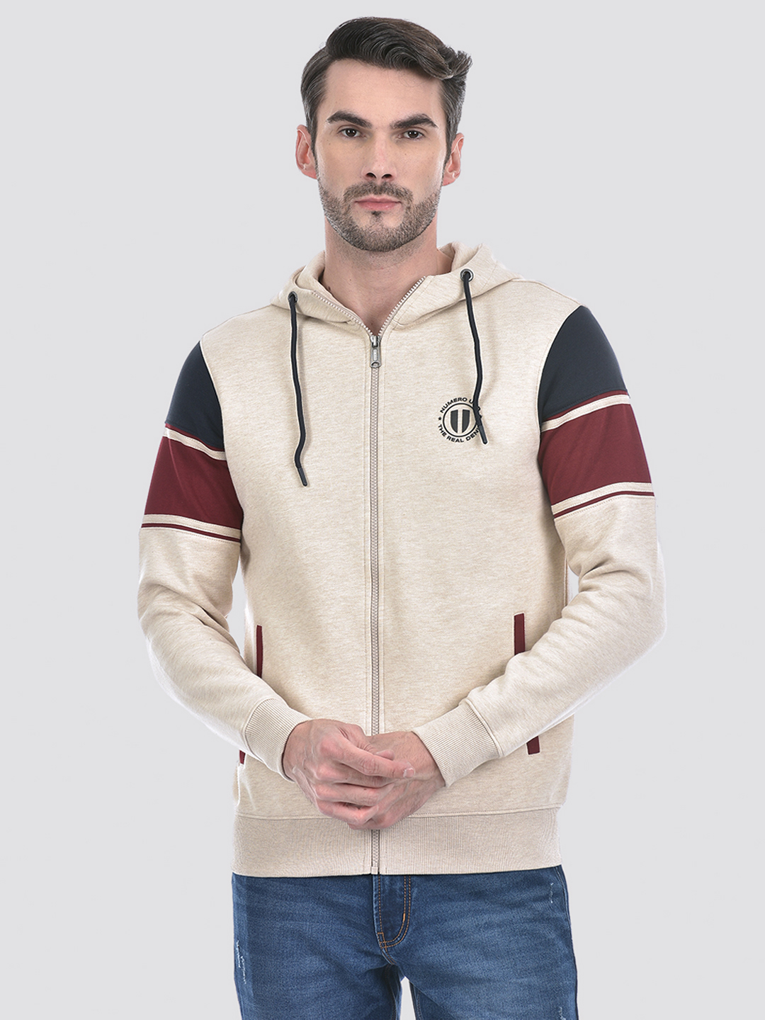 Numero Uno Men Cream Color Block Hooded Neck Brushed Fleece Sweatshirt